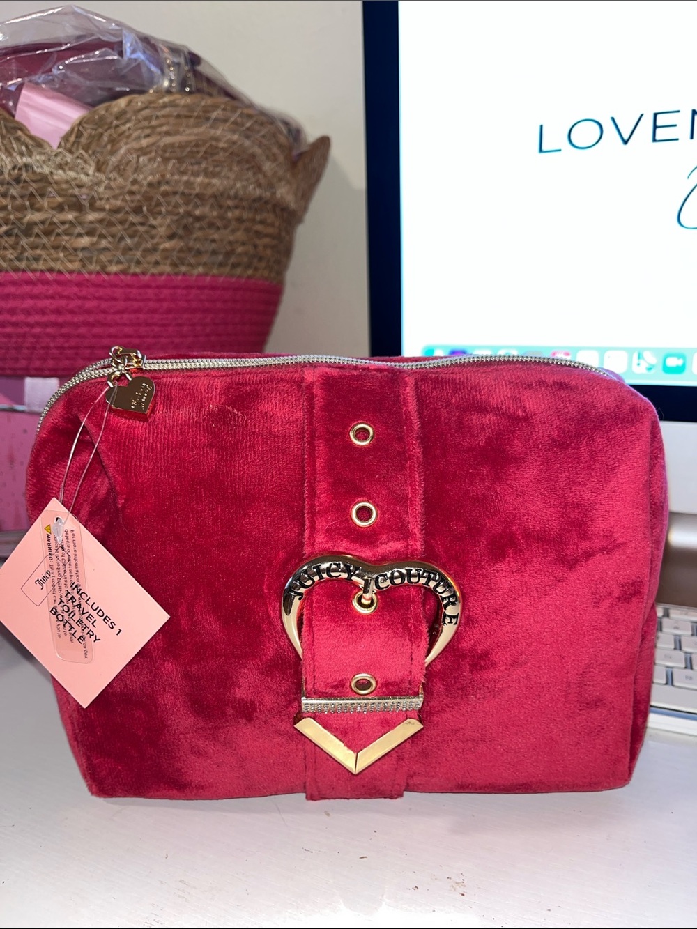 Juicy Couture Plush Velvet Cosmetic Pouch in Deep Pink with Gold Hardware
